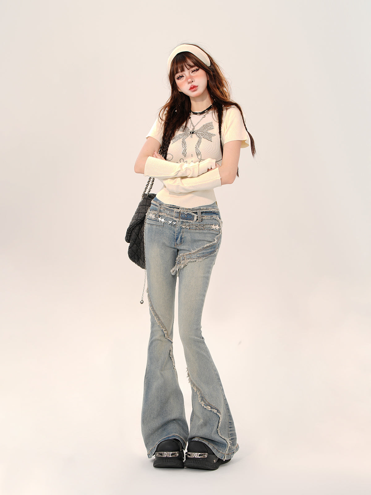 Y2K High Waist Flared Jeans – Vintage Raw Hem Slim Fit Denim Pants