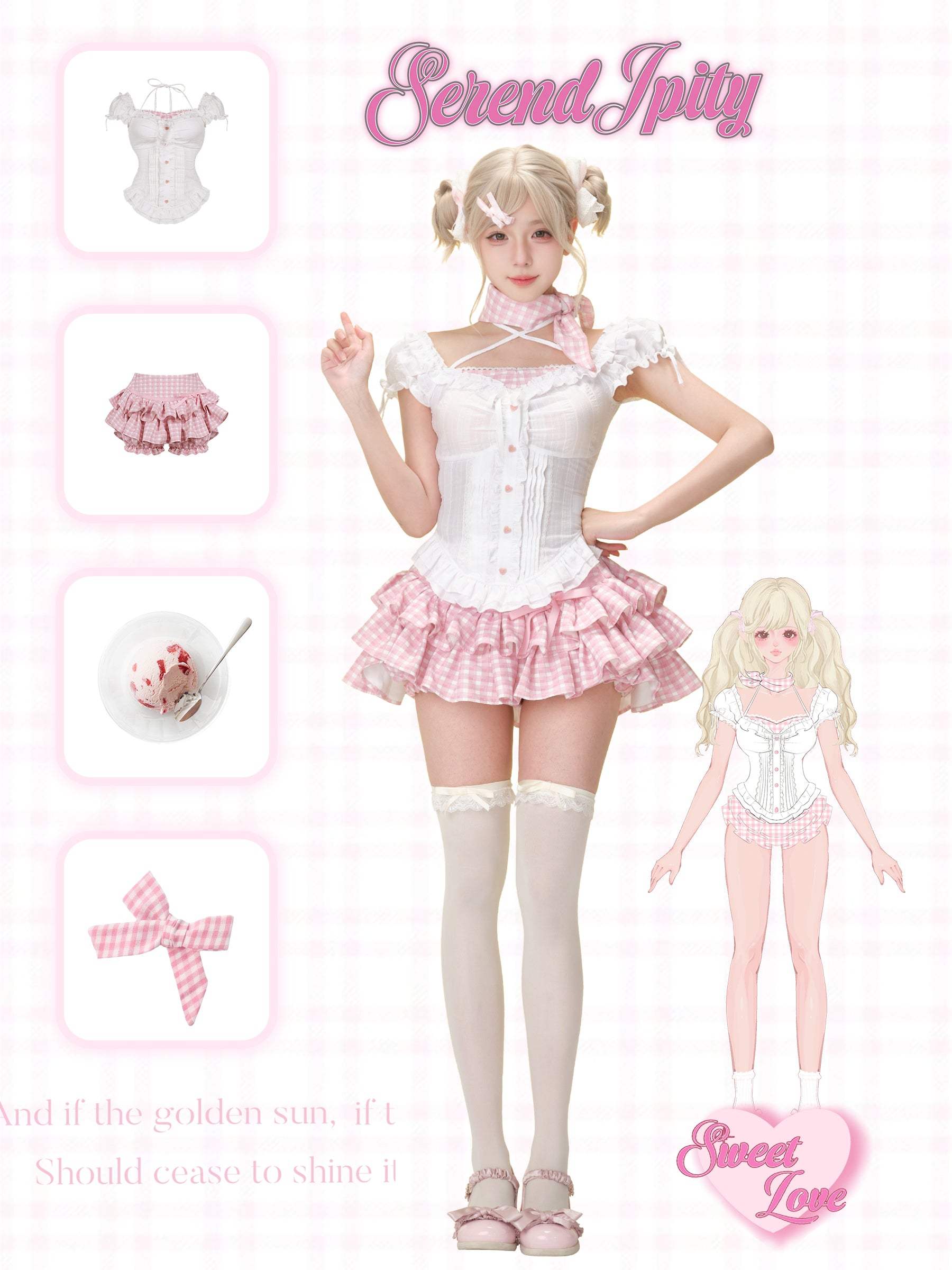 Coquette Lace Corset Top & Pink Gingham Ruffle Skirt — Off-Shoulder, Kawaii Coquette Aesthetic Set