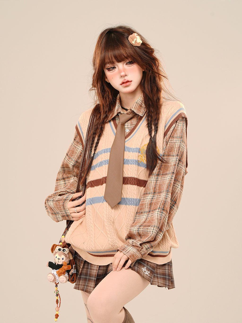 Preppy Layered Knit Sweater – Kawaii Academia Loose Plaid Knit Top