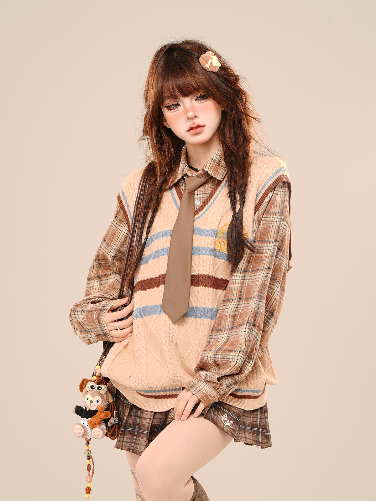 Preppy Layered Knit Sweater – Kawaii Academia Loose Plaid Knit Top