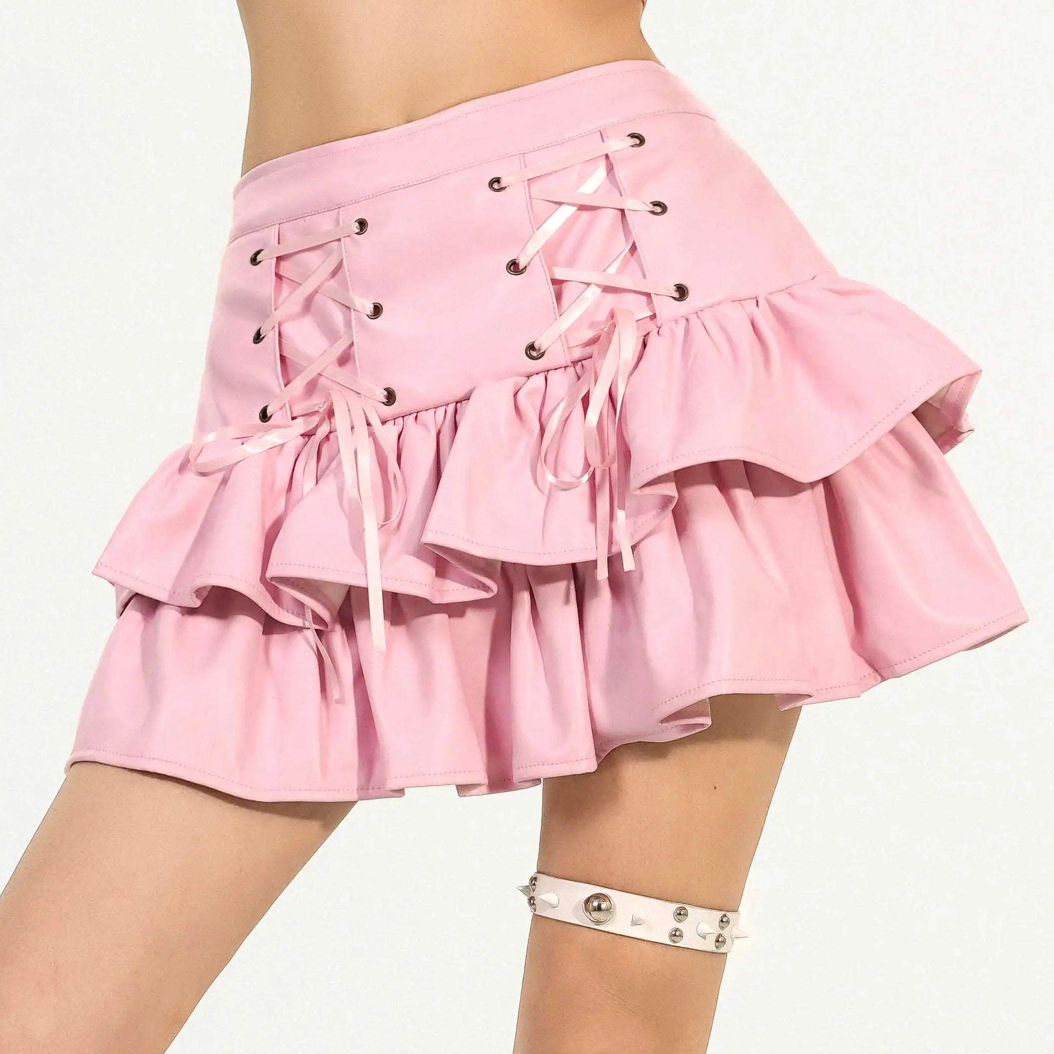 Y2K Grunge Coquette Mini Skirt — Lace-Up Layered Ruffle Skirt | Punk Aesthetic Femcore Fashion