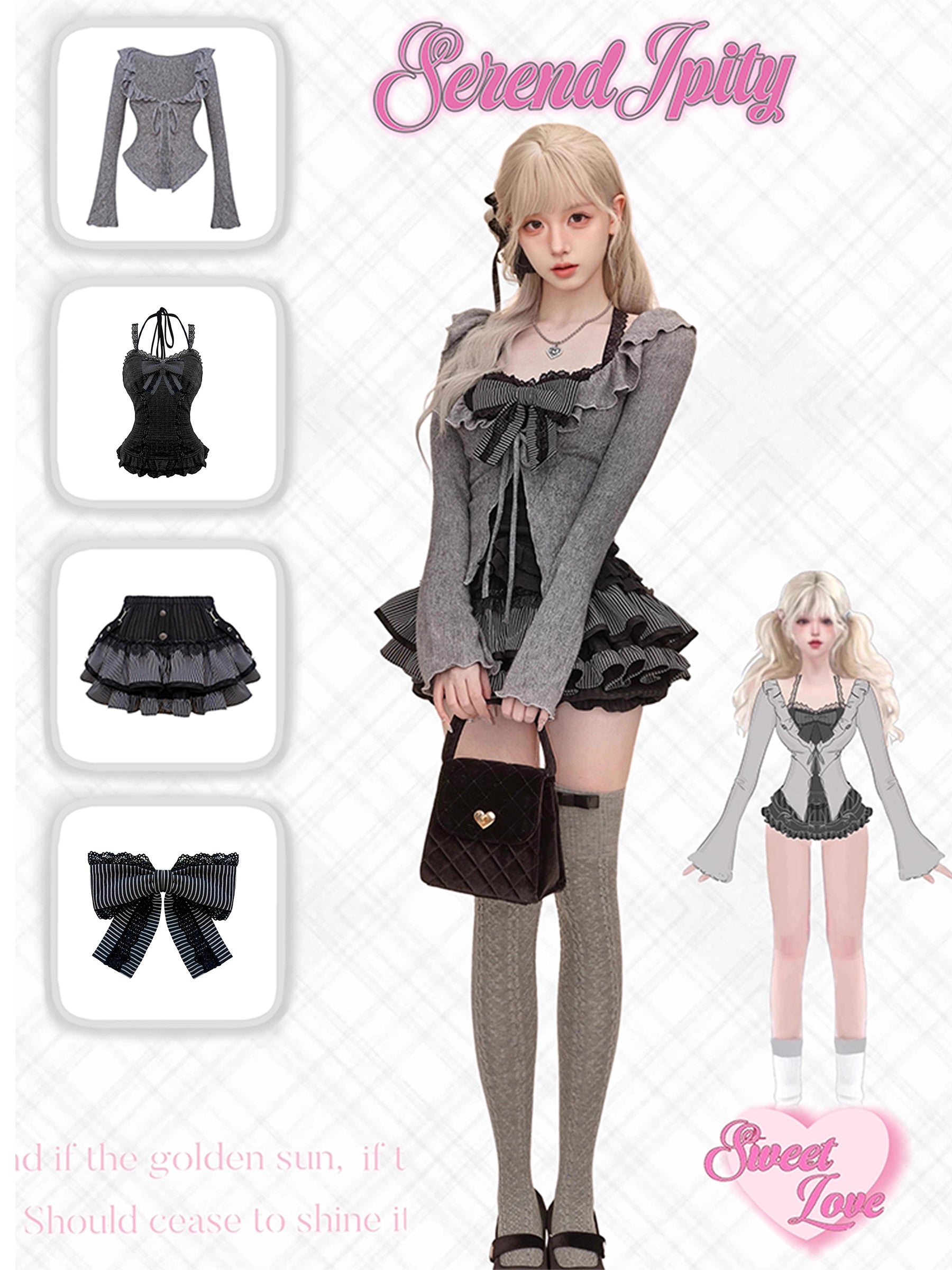 Yami Kawaii Sweet-Goth Knit Cardigan & Tiered Mini Skirt — Dark Coquette Vibes