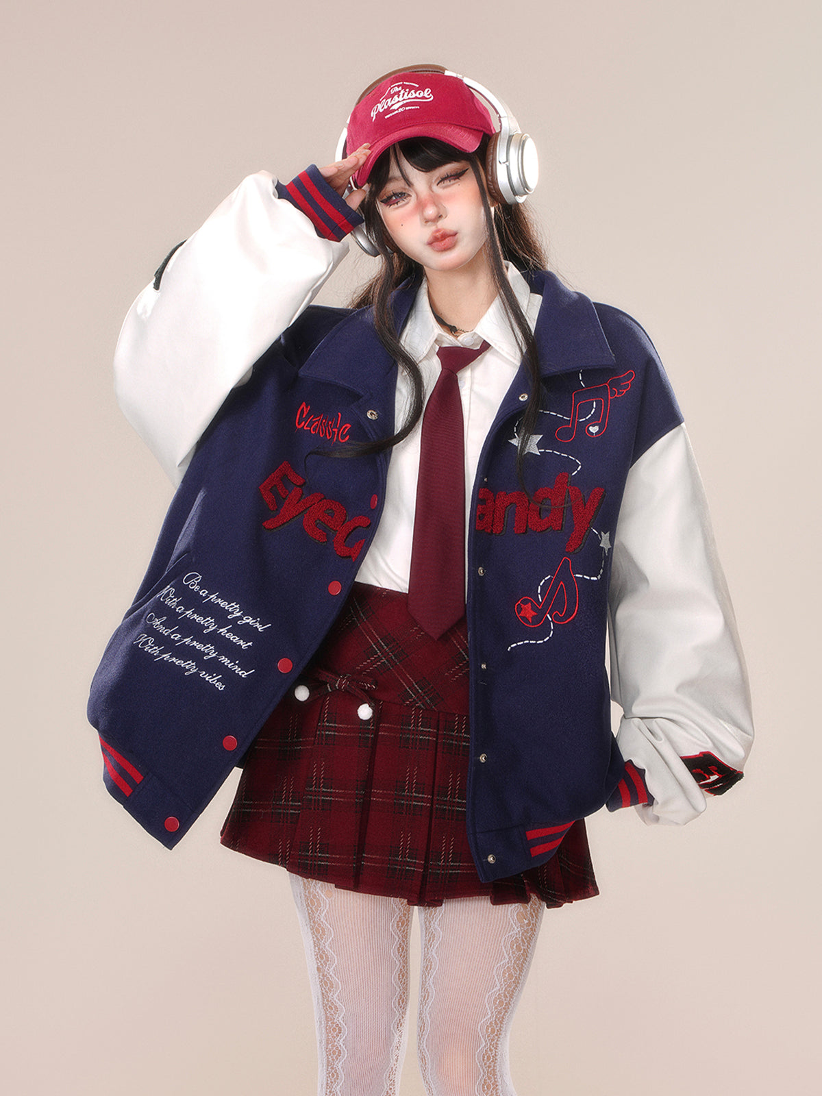 Kawaii Fuzzy Embroidered Varsity Jacket – Oversized Sweet-Punk Bomber for Fall/Winter