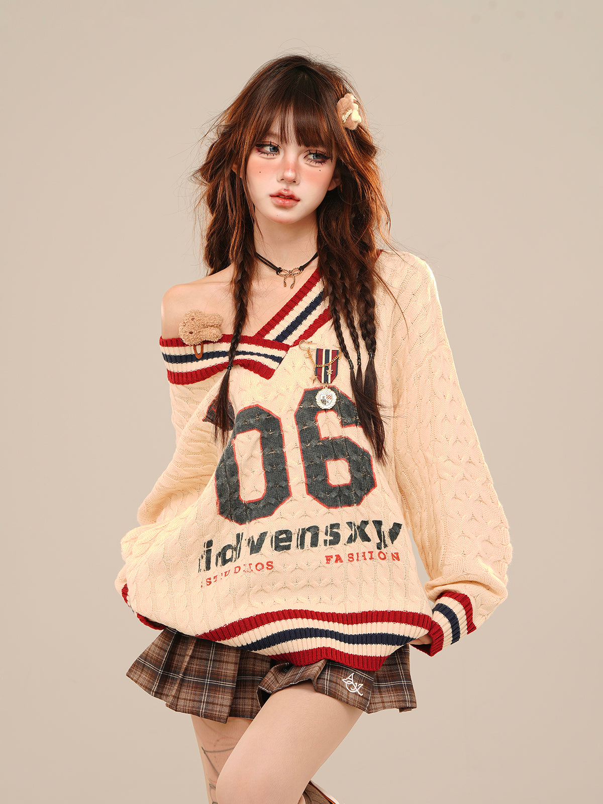Kawaii Off-Shoulder Knit Sweater – Vintage Varsity Loose Cable V-Neck Pullover