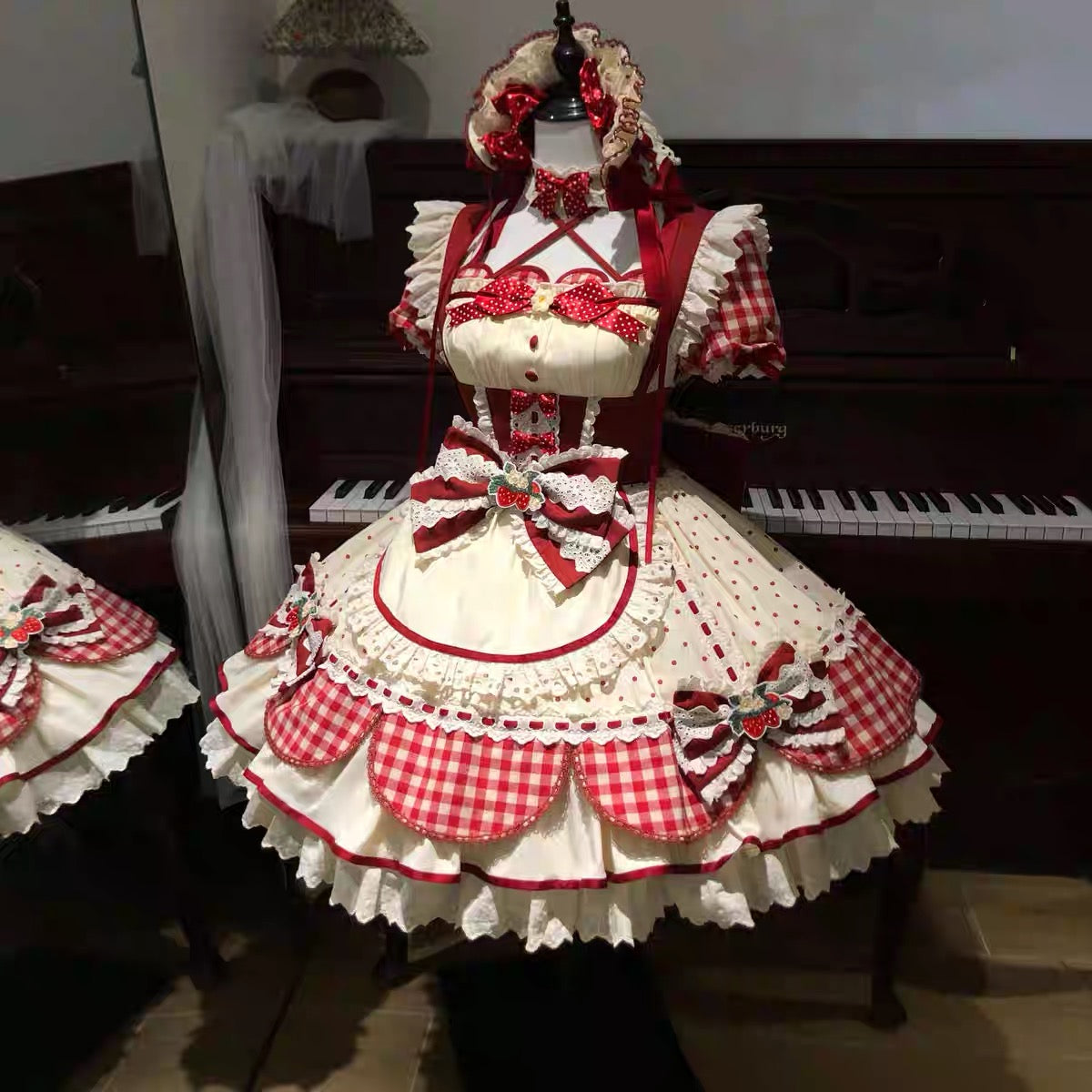 Strawberry Picnic Lolita OP – Red Gingham Sweet Berry Dress with Lace and Bows
