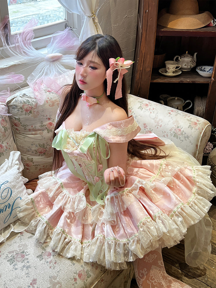 Spring Blossom Series · Romantic Off-Shoulder Fairy Dress | Tulip-Inspired Sweet Lolita Style