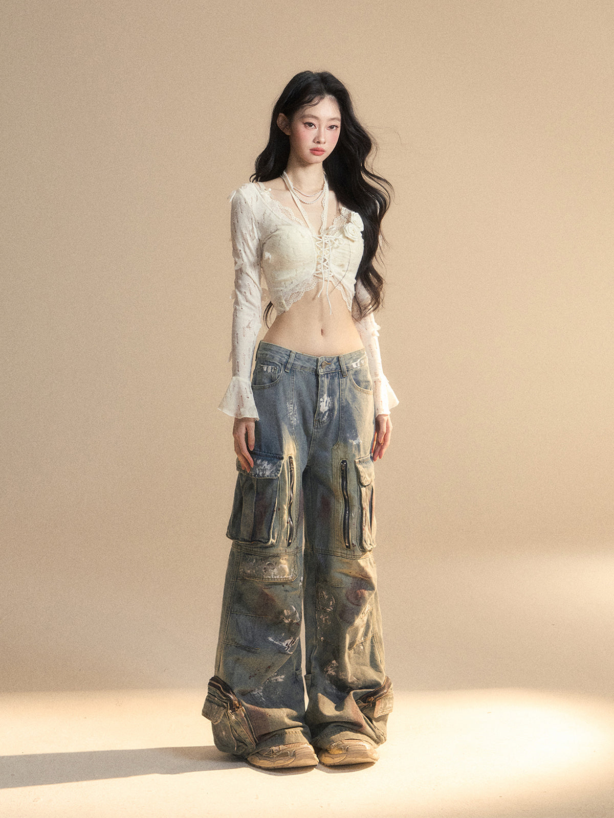 Sweetheart Doll Lace Hollow-Out Knit Set – Halter Long Sleeve Slim Fit Top