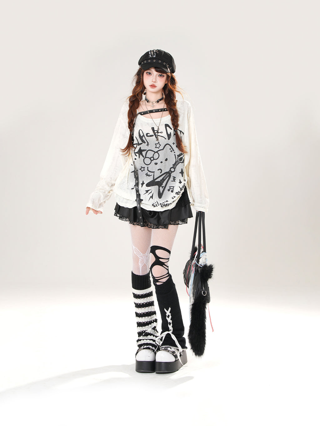 Black Cat Mesh Sun Protection Top – Loose Fit Drawstring Pullover