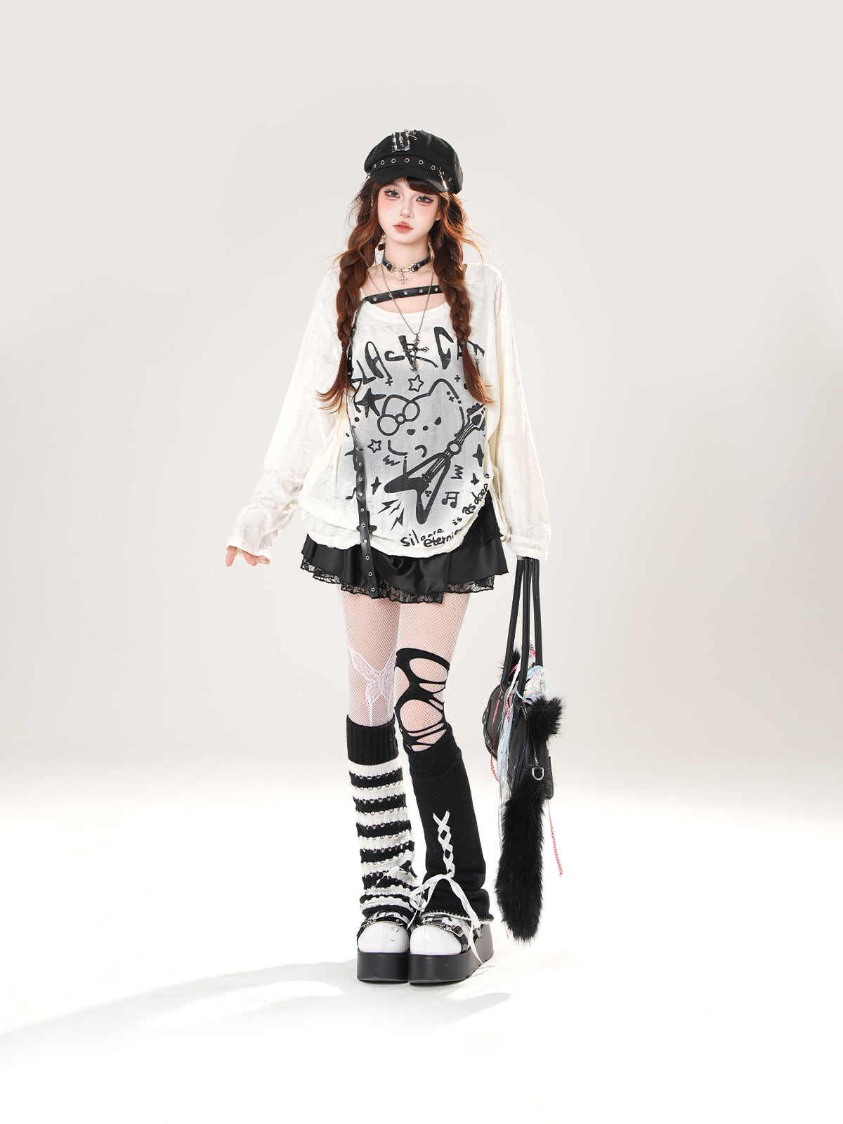 Black Cat Mesh Sun Protection Top – Loose Fit Drawstring Pullover