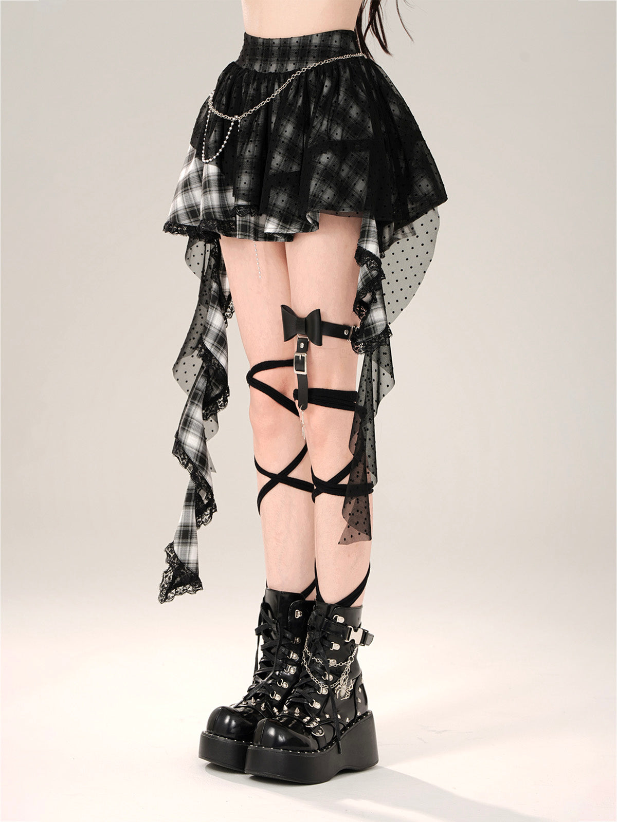 Gothic Plaid Mesh Mini Skirt – Asymmetric Kawaii Punk Ruffle Skirt