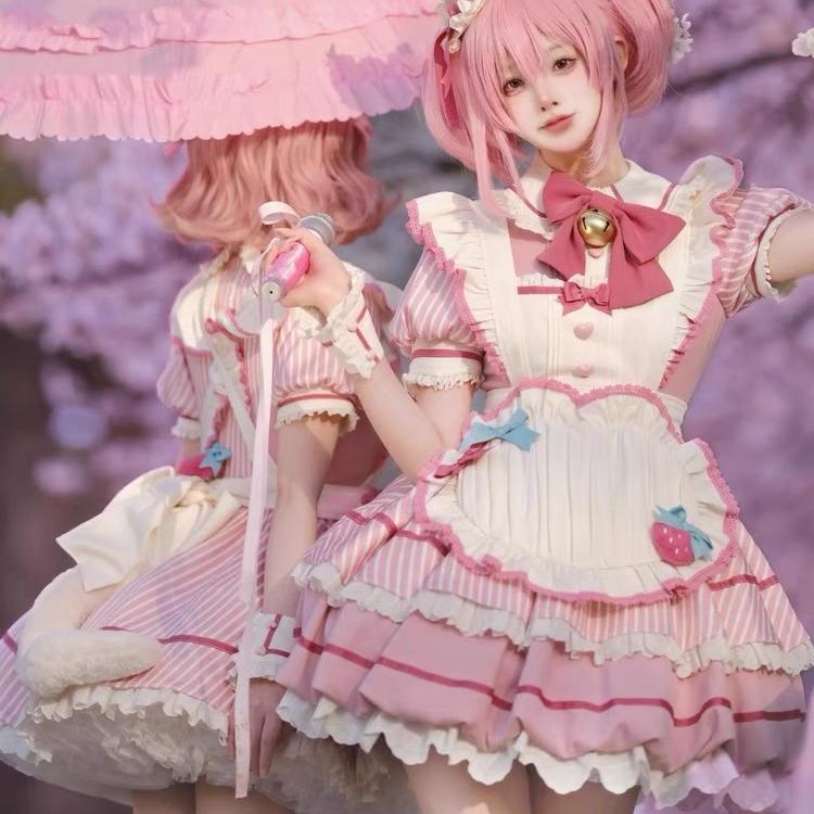 Sweet Strawberry Lolita Dress – Pink Puff Sleeve OP with Apron Bow Design