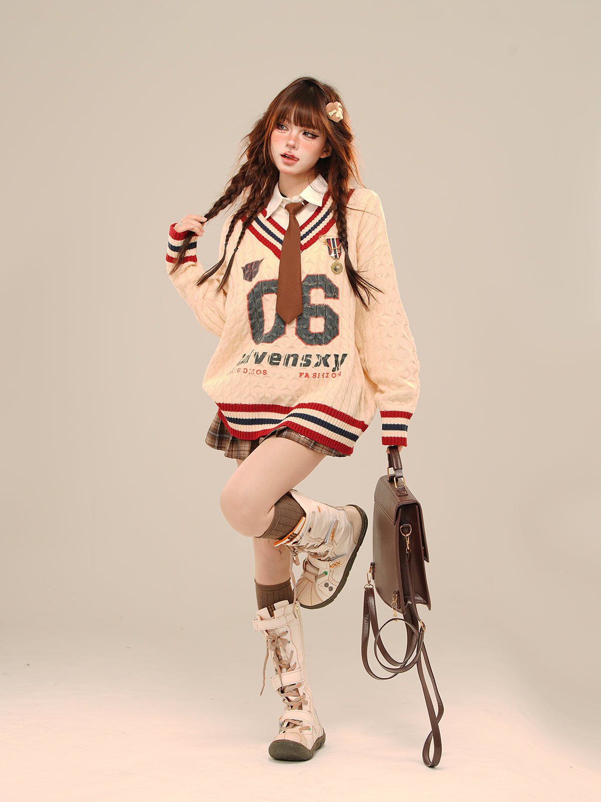 Kawaii Off-Shoulder Knit Sweater – Vintage Varsity Loose Cable V-Neck Pullover