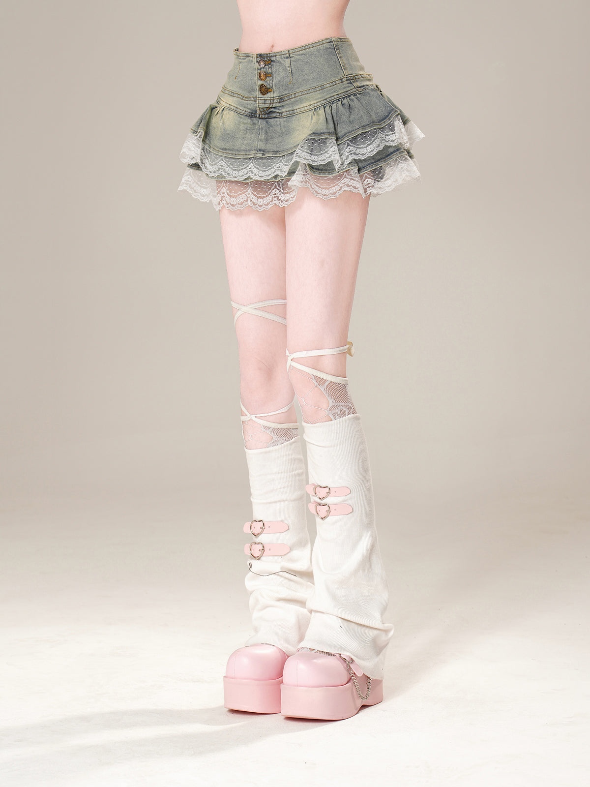 Kawaii Denim Lace Mini Skirt – Y2K A-Line Ruffle Skirt for Soft Girl Outfits