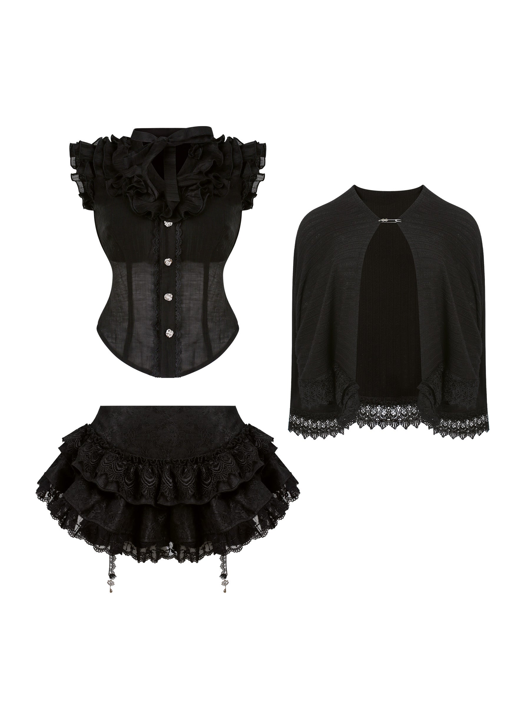 Kawaii Black Lace Ruffle Mini Dress – Sweet Gothic Lolita with Cape & Bow Accents