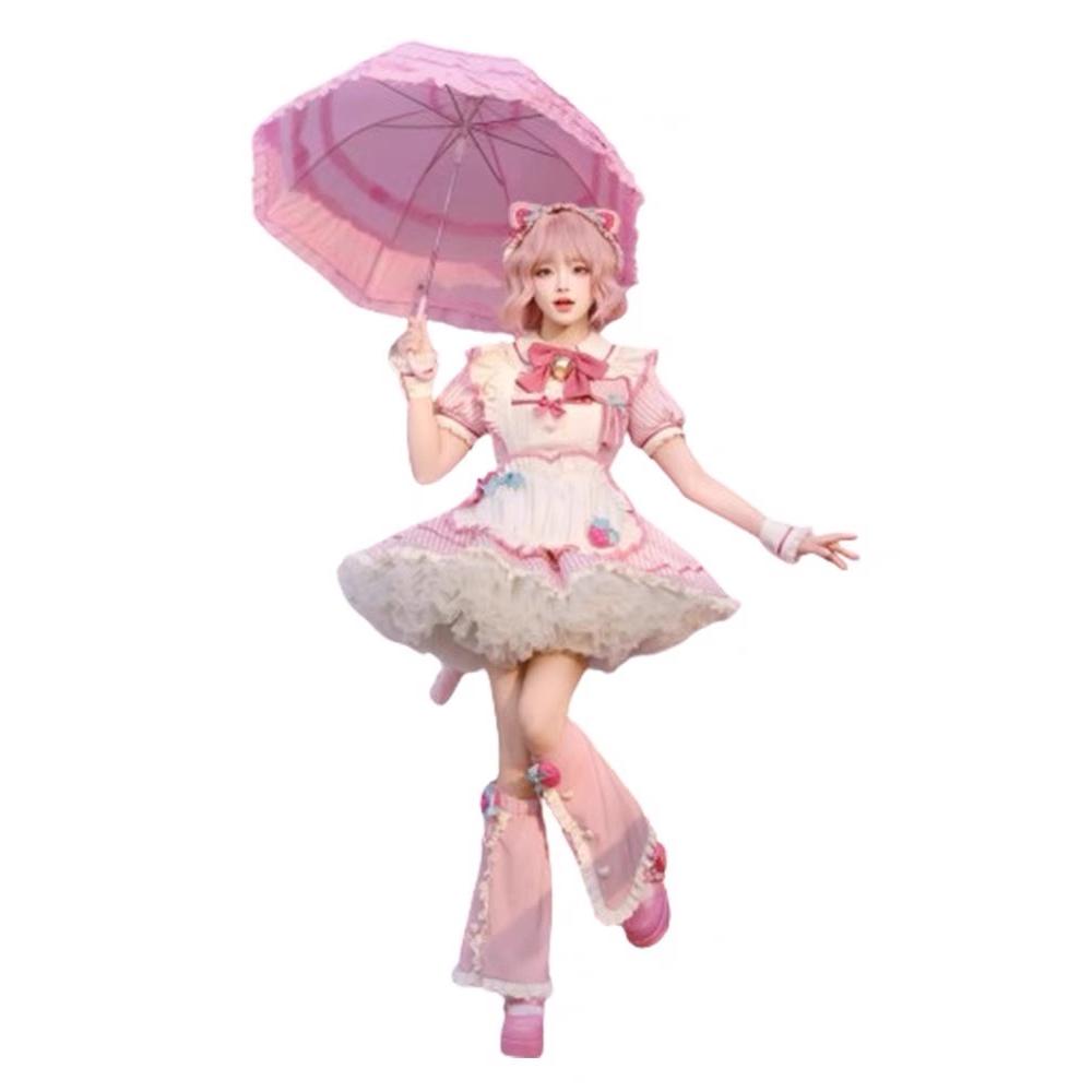 Sweet Strawberry Lolita Dress – Pink Puff Sleeve OP with Apron Bow Design