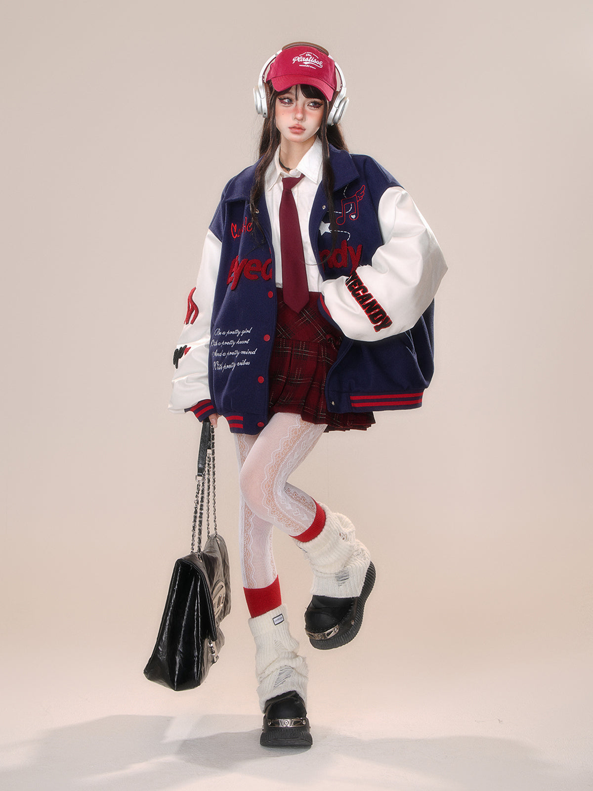 Kawaii Fuzzy Embroidered Varsity Jacket – Oversized Sweet-Punk Bomber for Fall/Winter