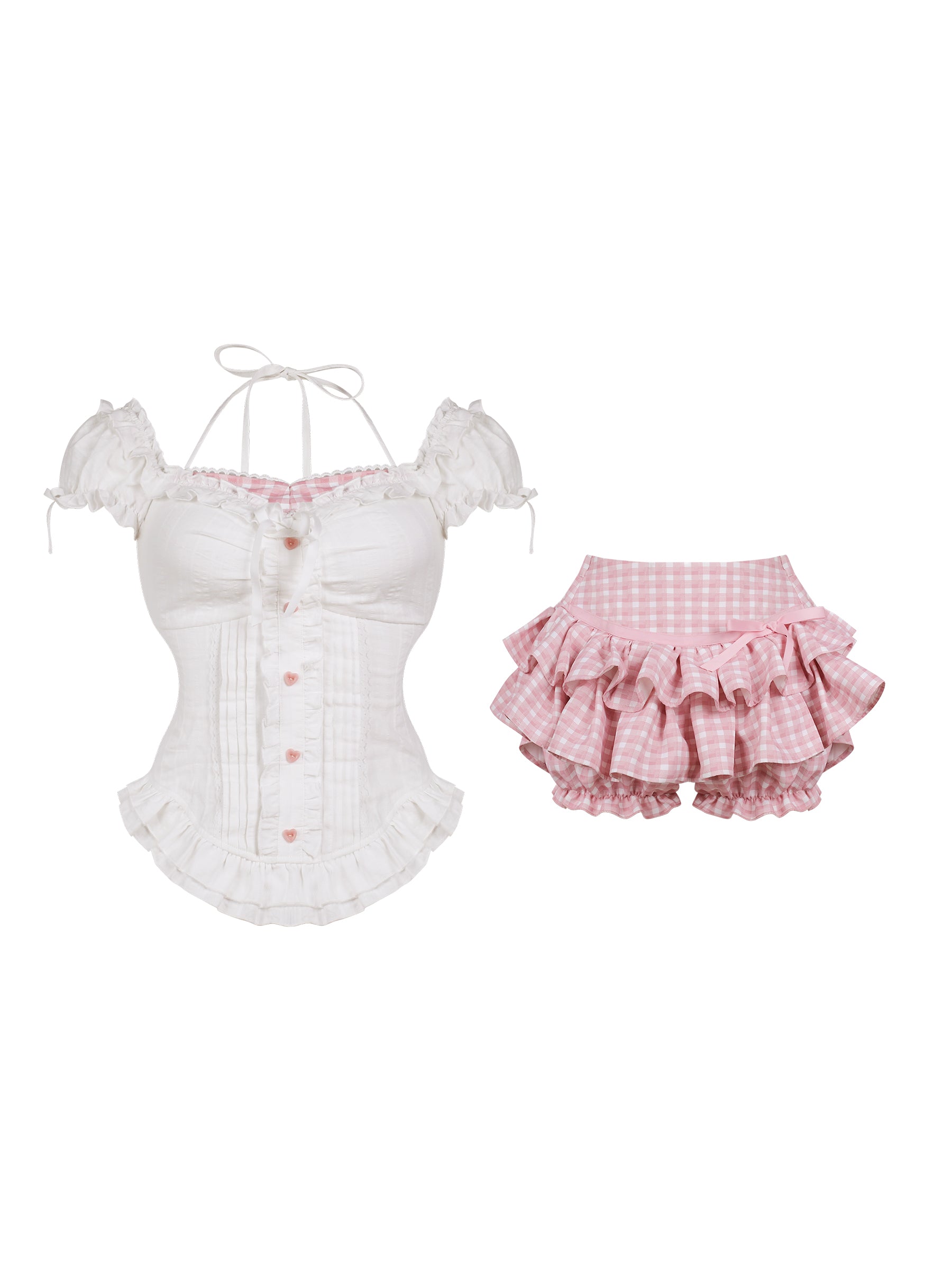 Coquette Lace Corset Top & Pink Gingham Ruffle Skirt — Off-Shoulder, Kawaii Coquette Aesthetic Set