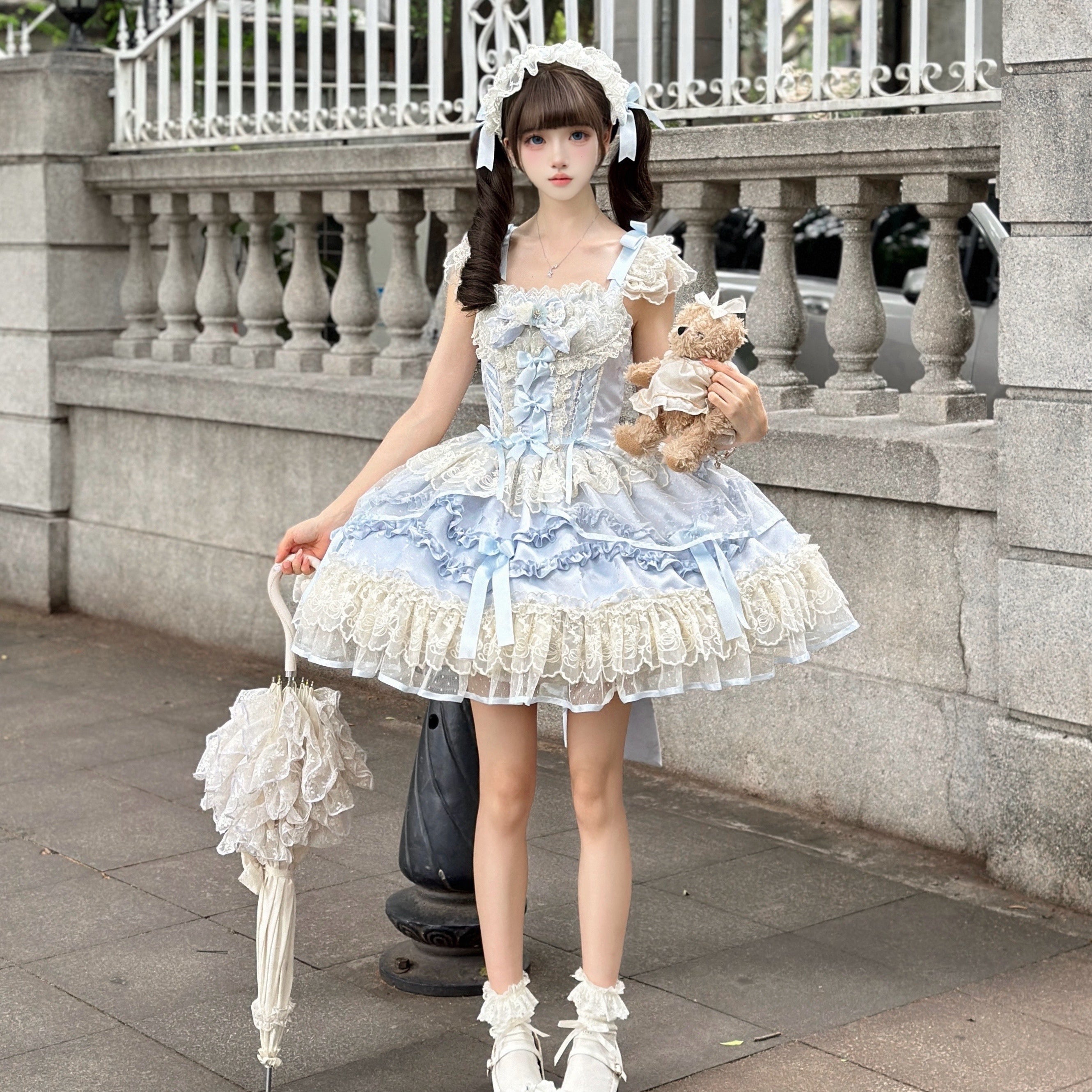 Ballet Dream Lolita JSK – Sweet Layered Cake Dress with Lace & Stretch Waist