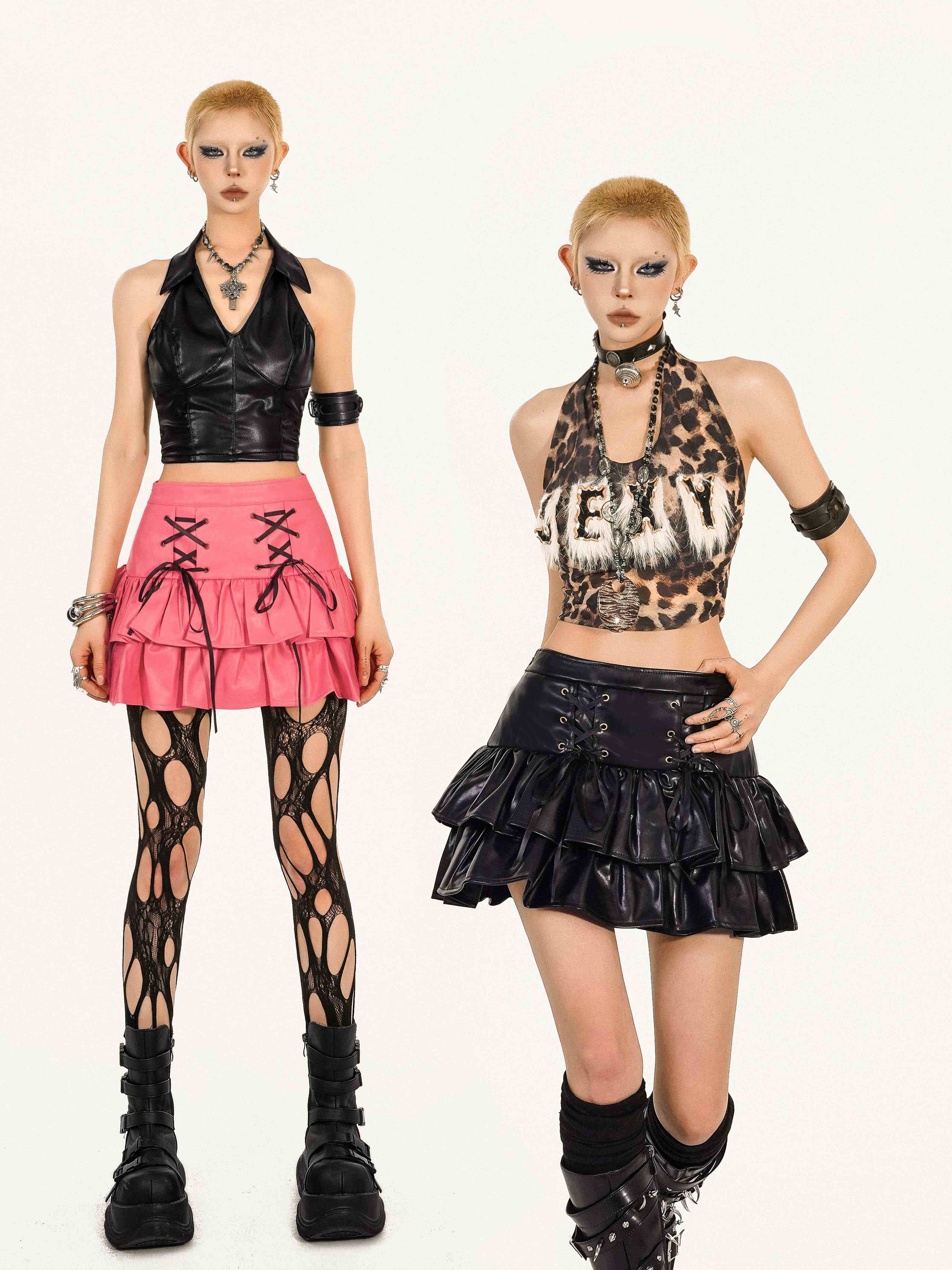 Y2K Grunge Coquette Mini Skirt — Lace-Up Layered Ruffle Skirt | Punk Aesthetic Femcore Fashion