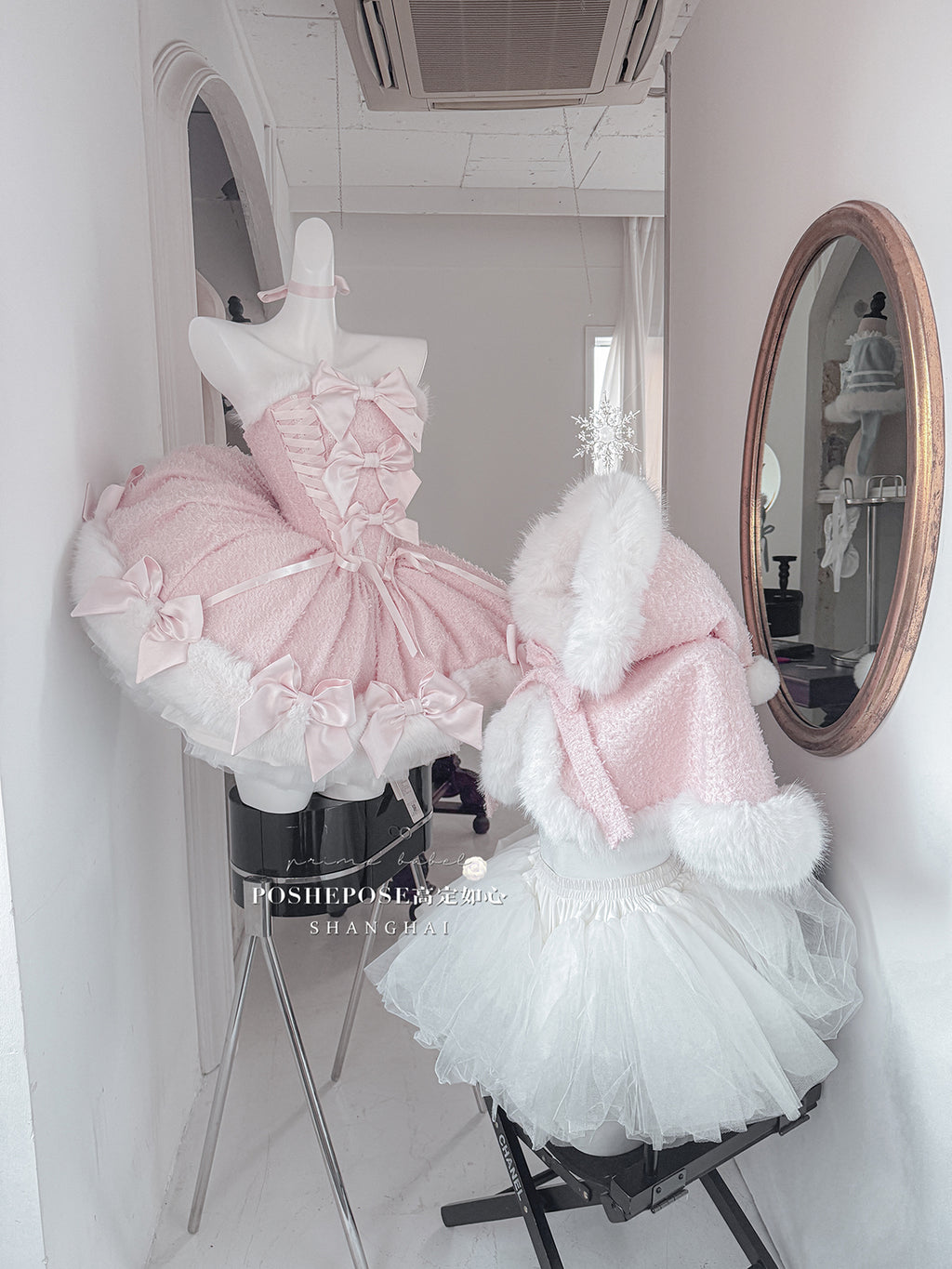Christmas Lolita Winter Dress with Faux Fur Cape — Milk Pink Bow Princess Snow Dress