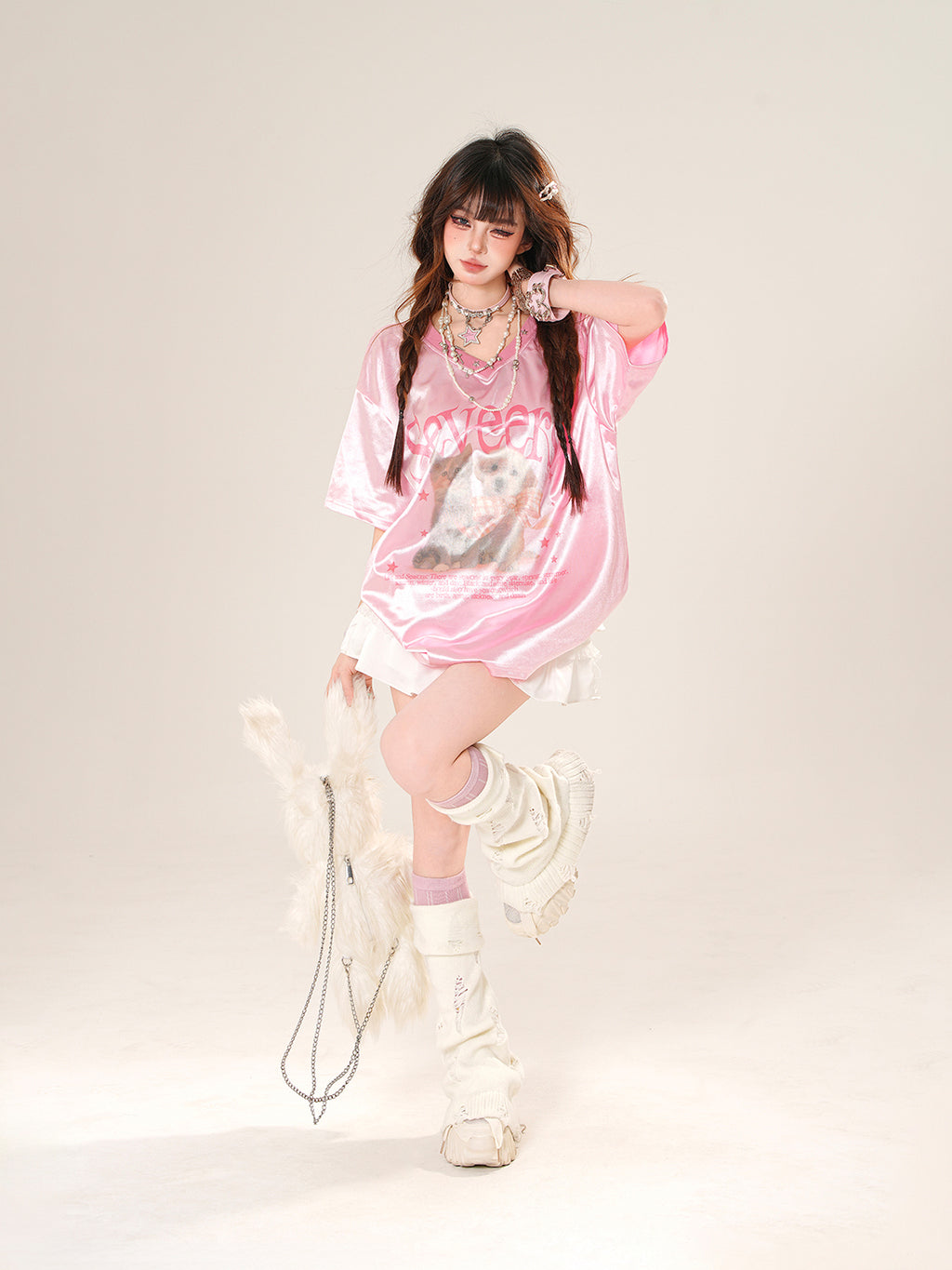 Sweet Satin Cat Print T-Shirt – Loose V-Neck Short Sleeve Top