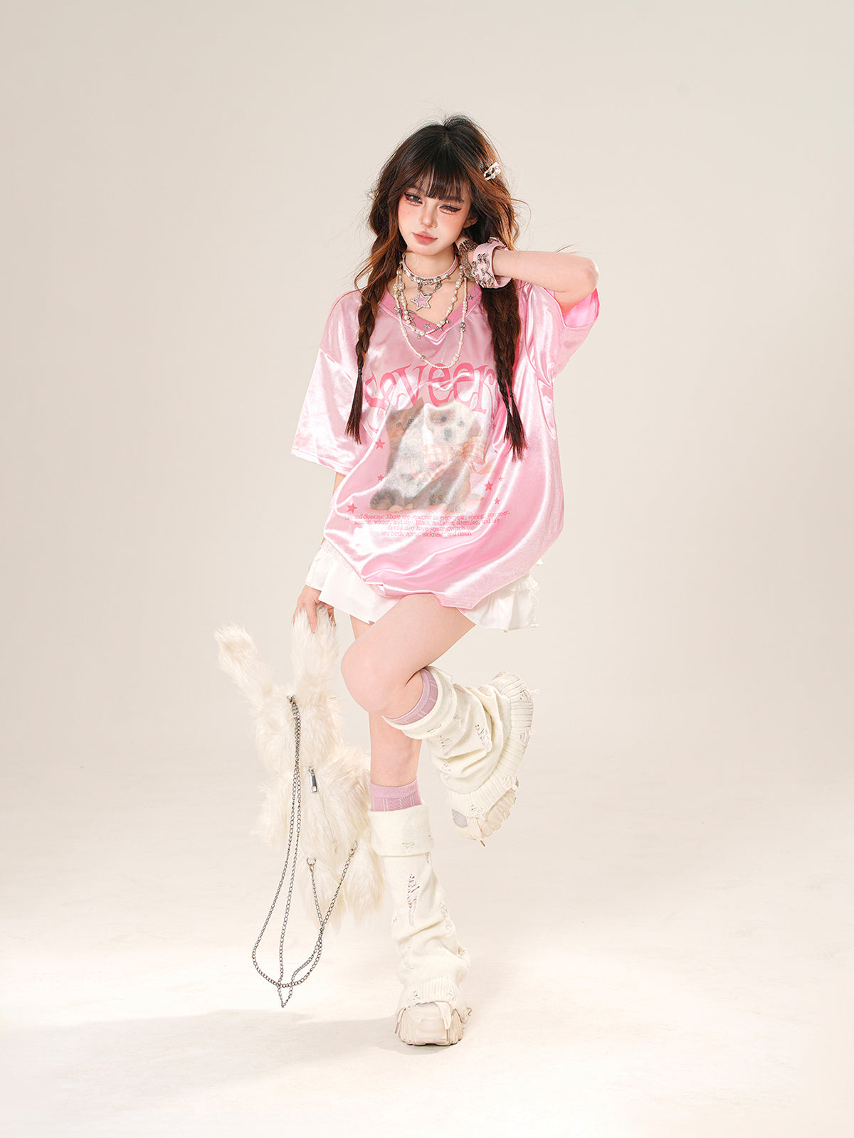 Sweet Satin Cat Print T-Shirt – Loose V-Neck Short Sleeve Top