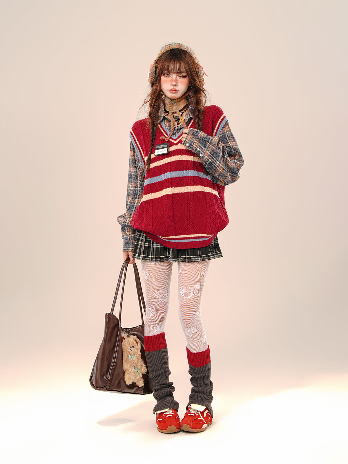 Preppy Layered Knit Sweater – Kawaii Academia Loose Plaid Knit Top