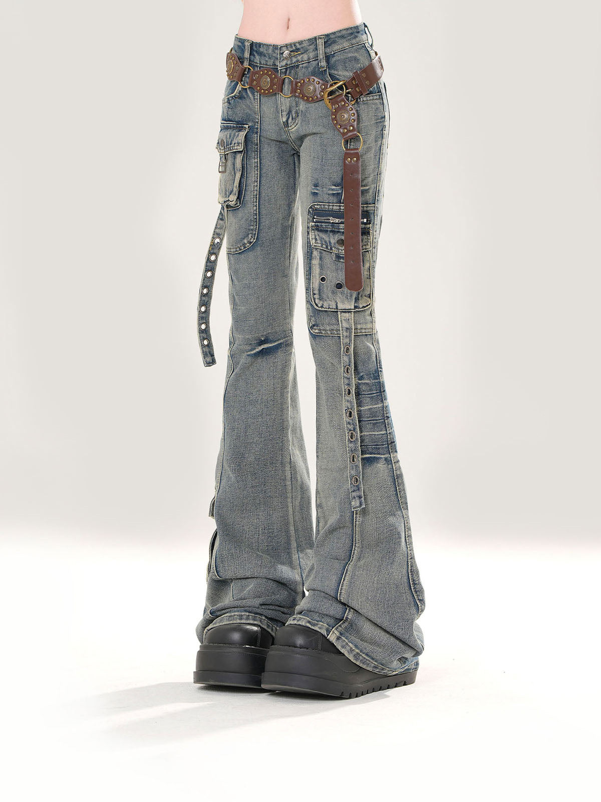 Y2K Slim Fit Cargo Jeans – High Waist Flare Denim Pants