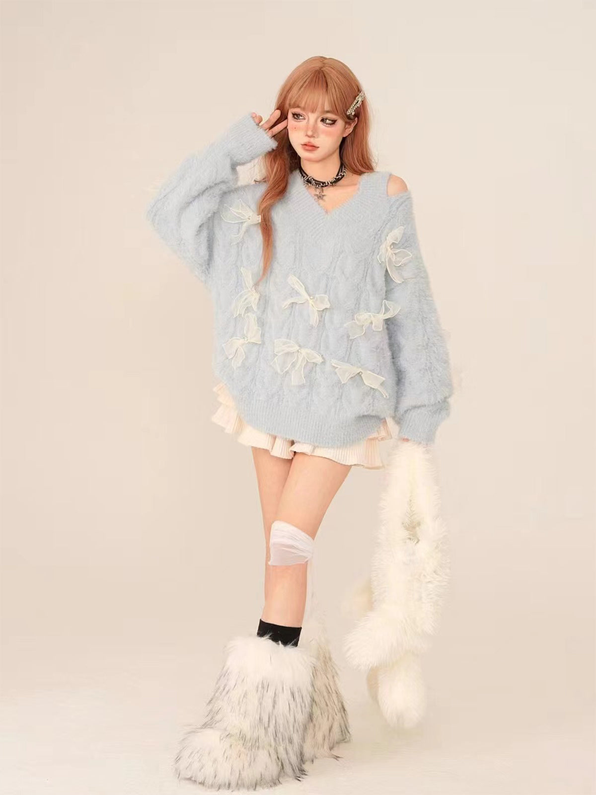 Soft Blue Off-Shoulder Bow Knit Sweater – Cozy V-Neck Winter Pullover