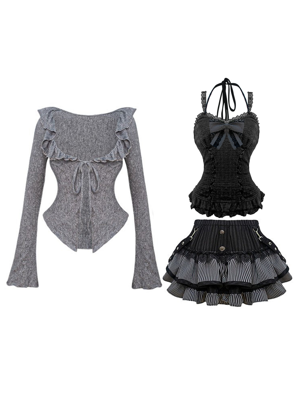 Yami Kawaii Sweet-Goth Knit Cardigan & Tiered Mini Skirt — Dark Coquette Vibes