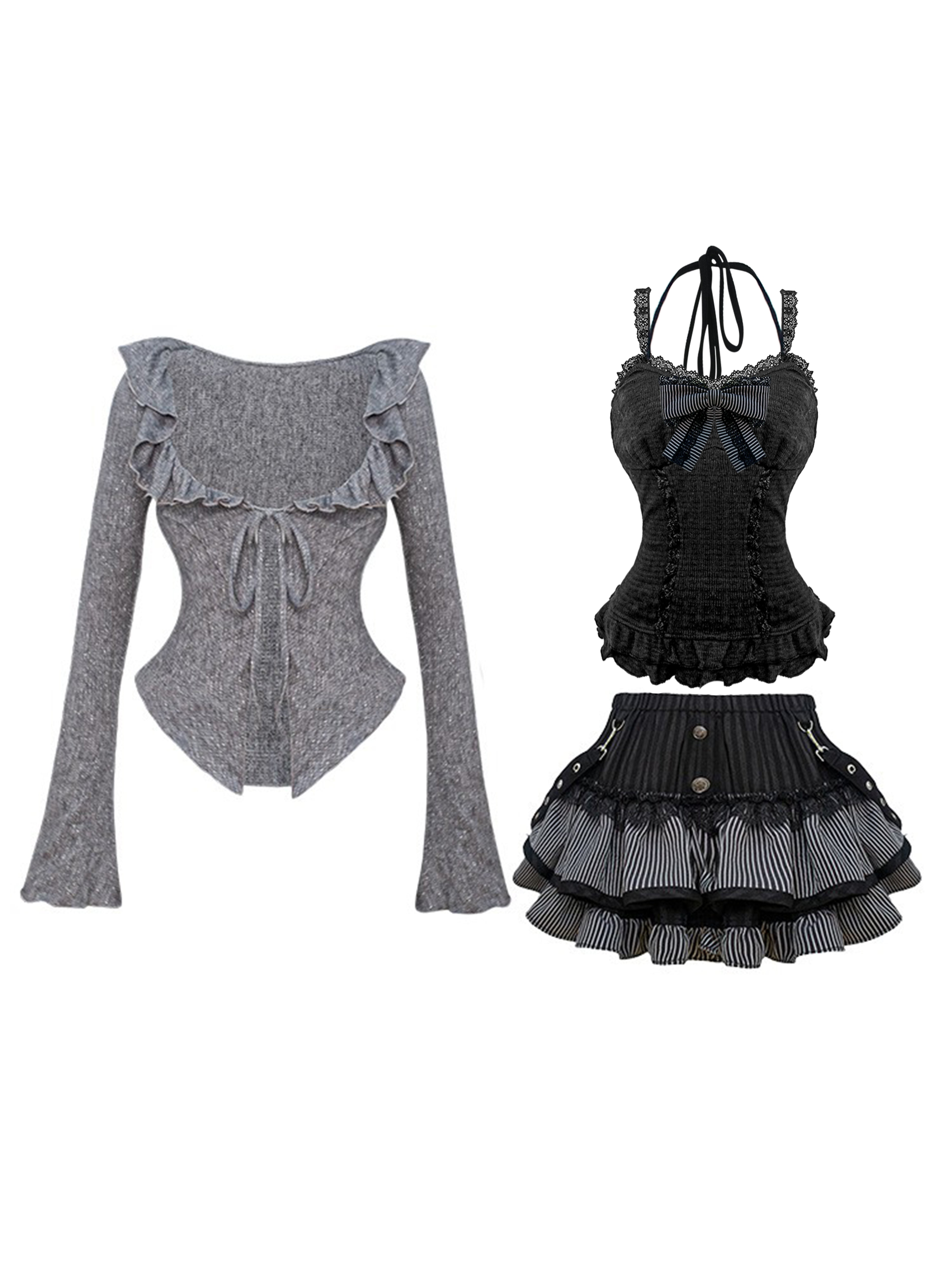 Yami Kawaii Sweet-Goth Knit Cardigan & Tiered Mini Skirt — Dark Coquette Vibes