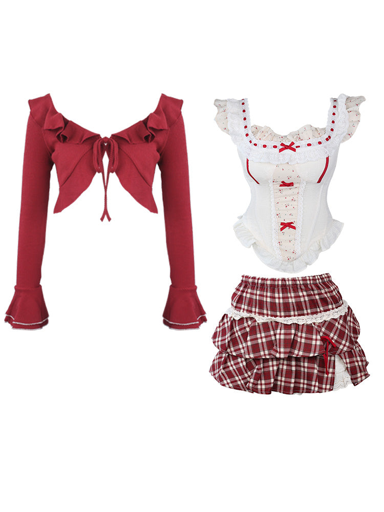 Vintage Coquette Plaid Set — Red Ruffle Cardigan, Lace Corset Camisole & Pleated Mini Skirt | Romantic Academia Aesthetic