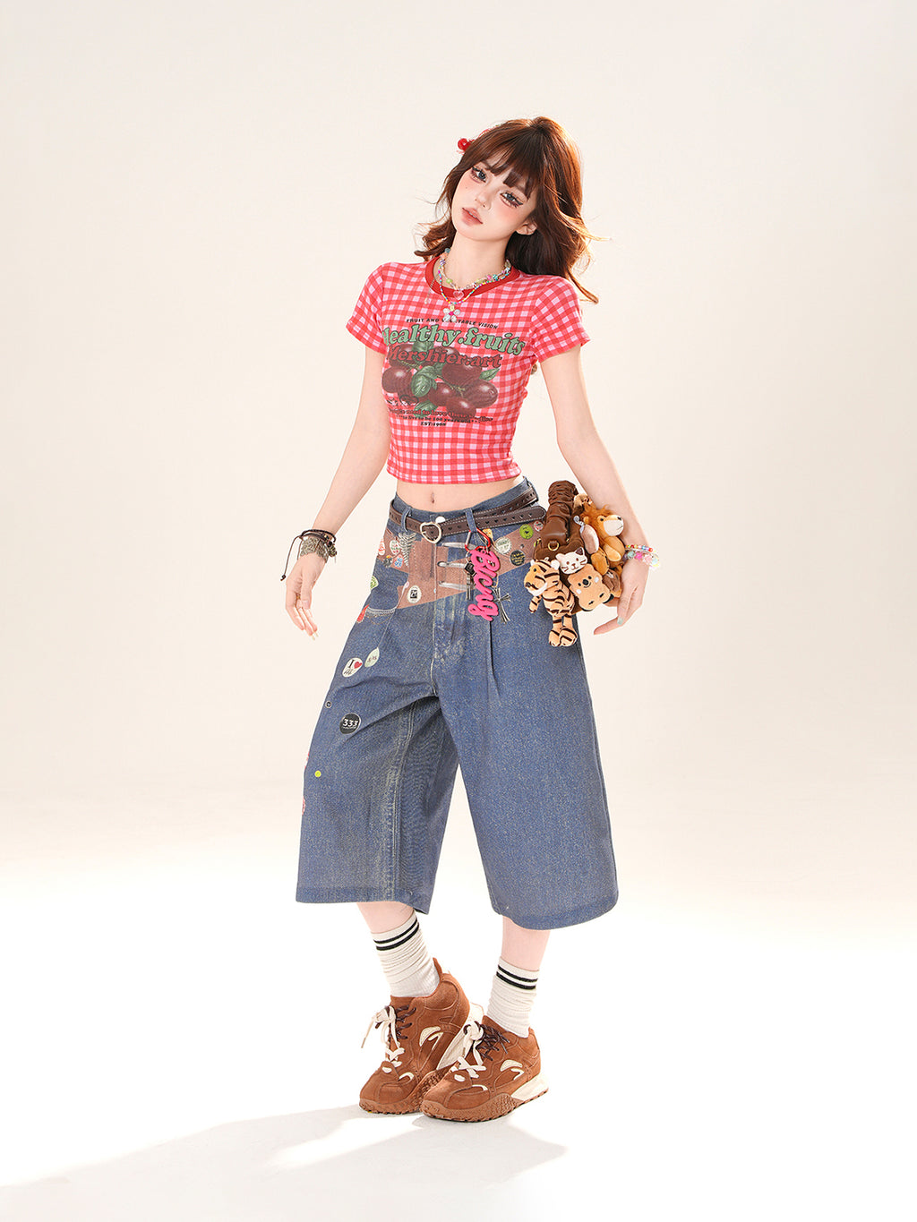 Y2K Gingham Cherry Crop Top – Slim Fit Short Sleeve Tee