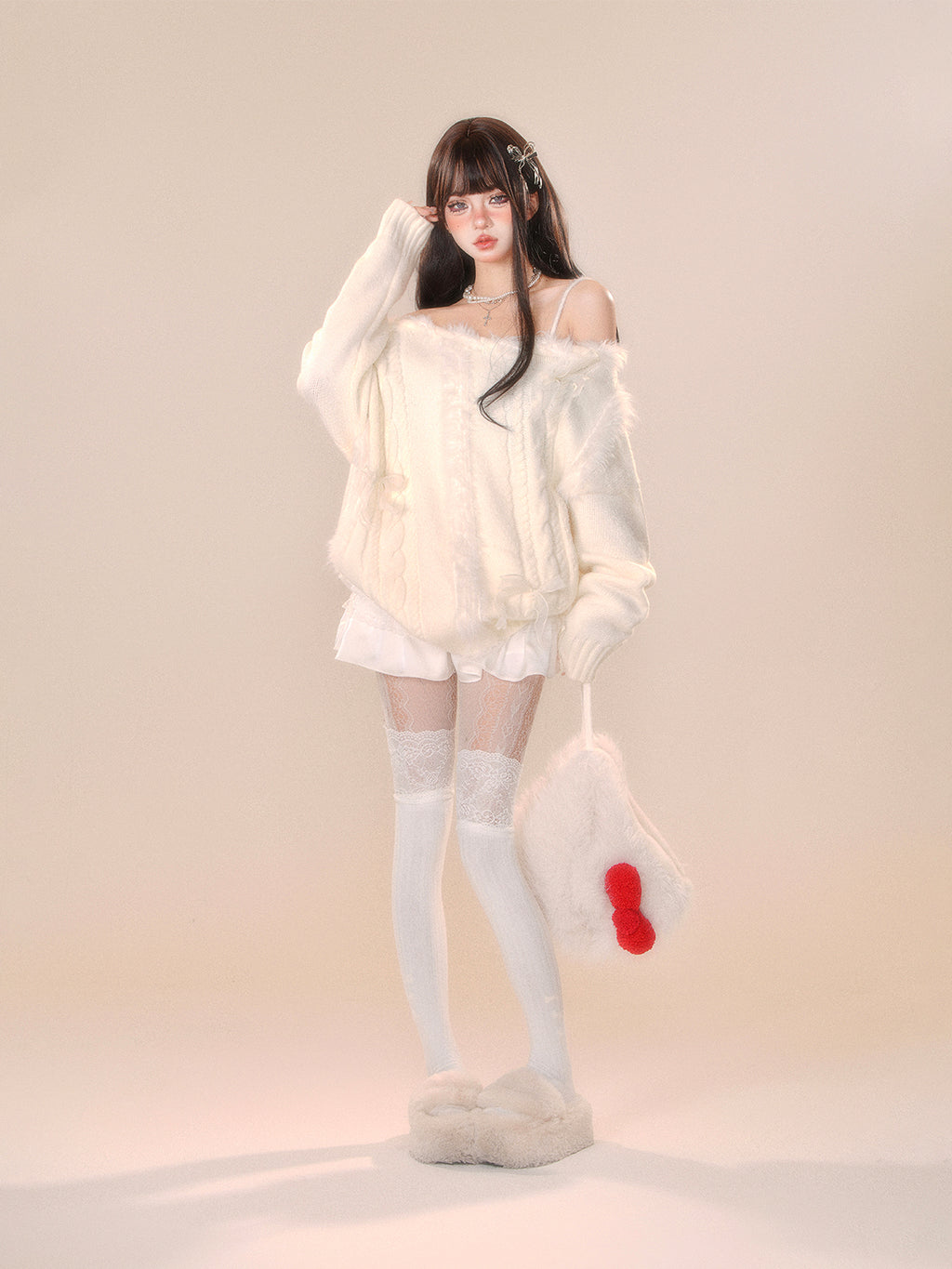 Cream Off-Shoulder Fuzzy Knit Sweater – Cozy Loose Fit Winter Pullover