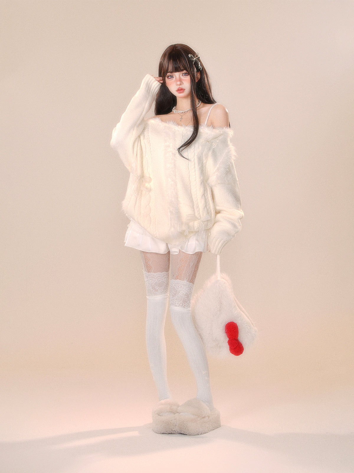 Cream Off-Shoulder Fuzzy Knit Sweater – Cozy Loose Fit Winter Pullover