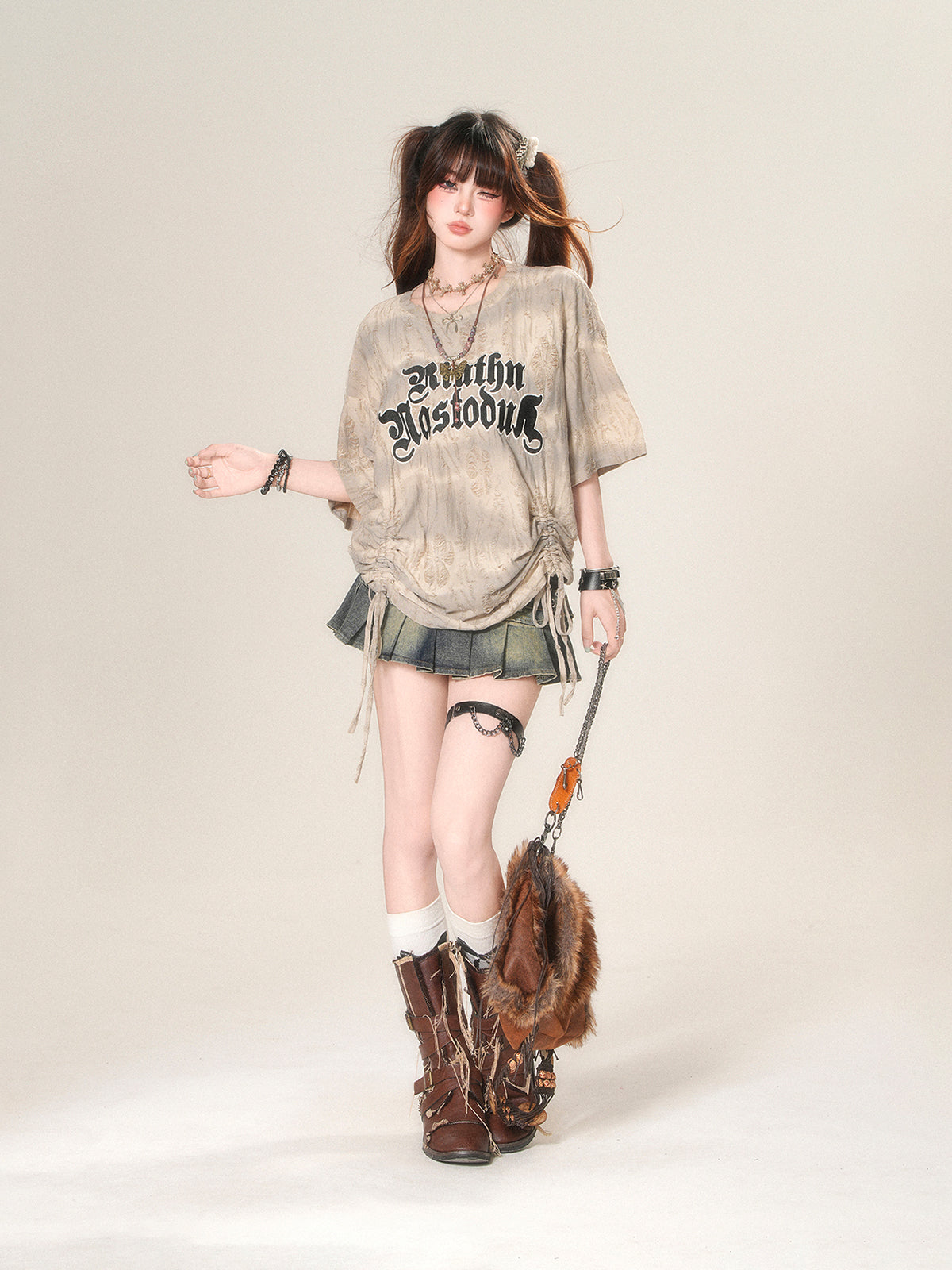 Korean Grunge Drawstring T-Shirt – Loose Fit Vintage Street Top