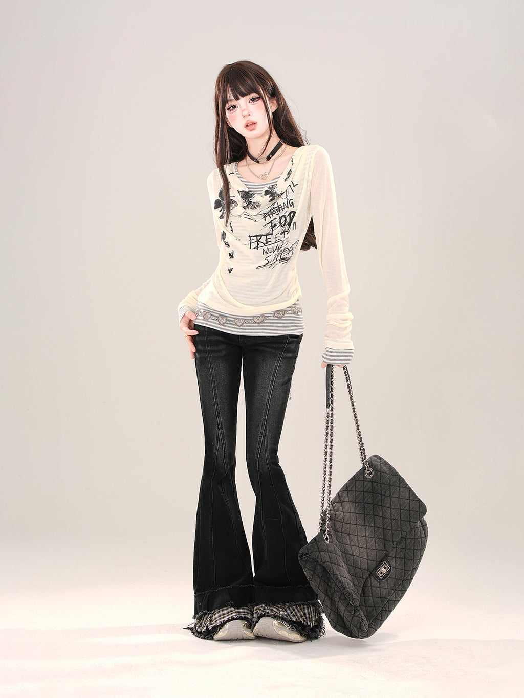 Layered Mesh Long Sleeve Tee – Y2K Slim Fit Double-Layer Top