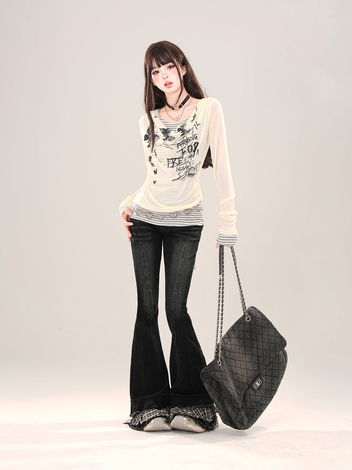 Layered Mesh Long Sleeve Tee – Y2K Slim Fit Double-Layer Top