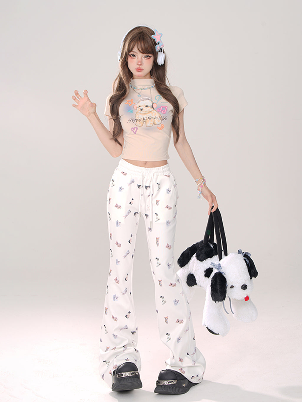 Kawaii Cat Print Flared Lounge Pants – Slim Fit Drawstring Waist Casual Long Pants