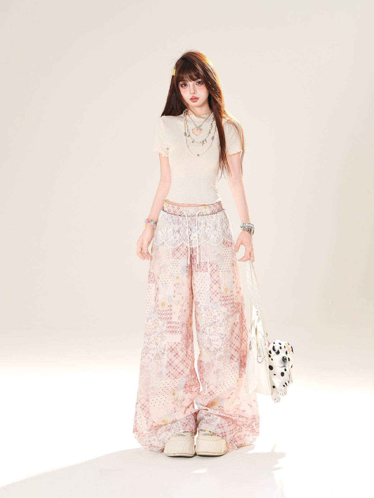 Pink Patchwork Chiffon Wide-Leg Pants – Loose Relaxed Fit with Lace Waist Detail