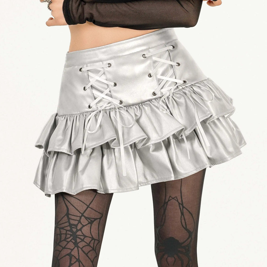 Y2K Grunge Coquette Mini Skirt — Lace-Up Layered Ruffle Skirt | Punk Aesthetic Femcore Fashion