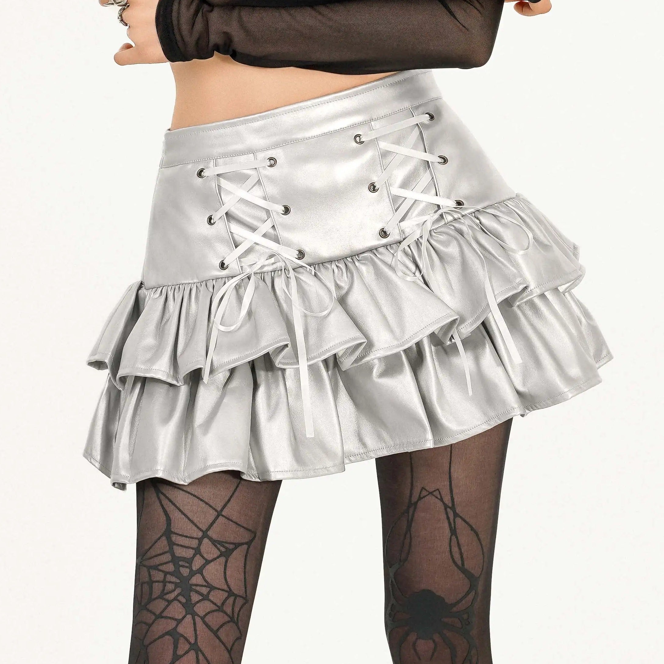 Y2K Grunge Coquette Mini Skirt — Lace-Up Layered Ruffle Skirt | Punk Aesthetic Femcore Fashion