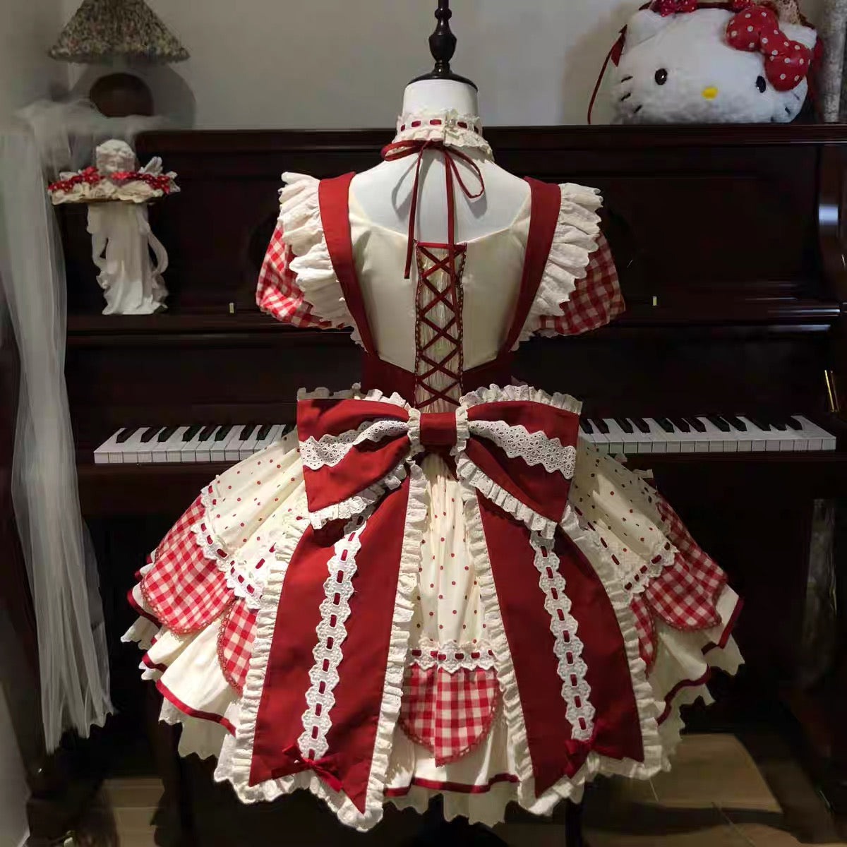 Strawberry Picnic Lolita OP – Red Gingham Sweet Berry Dress with Lace and Bows