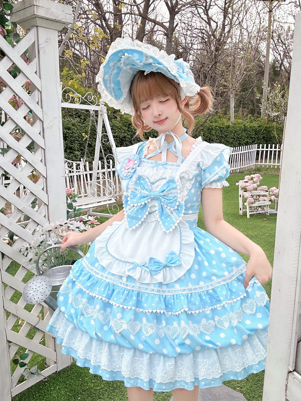 Sweet Lolita Patisserie OP Set— Heart Lace, Polka Dots, Tiered Cupcake Skirt, Coquette/Dollcore Vibes