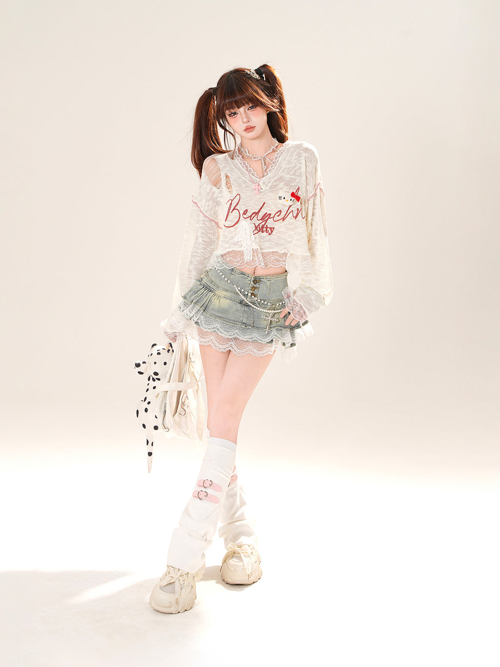 Kawaii Lace Sheer Crop Top – Soft Girl See-Through Long Sleeve Tee