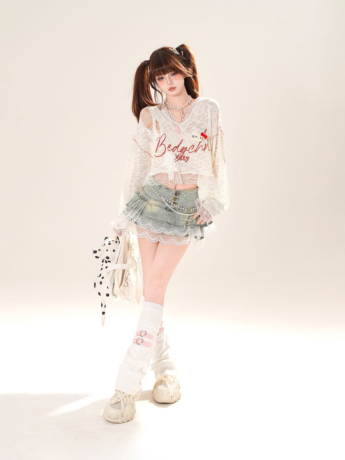 Kawaii Lace Sheer Crop Top – Soft Girl See-Through Long Sleeve Tee