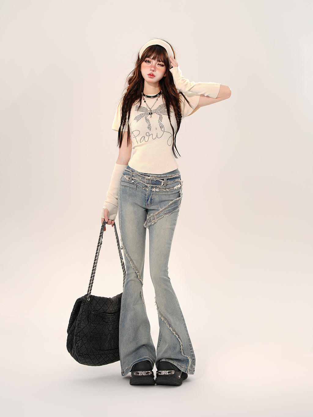 Y2K High Waist Flared Jeans – Vintage Raw Hem Slim Fit Denim Pants