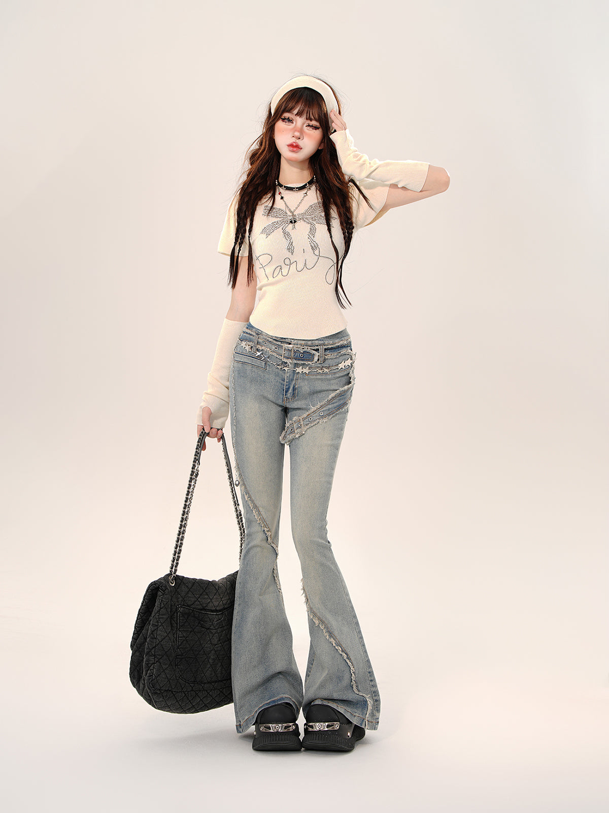 Y2K High Waist Flared Jeans – Vintage Raw Hem Slim Fit Denim Pants