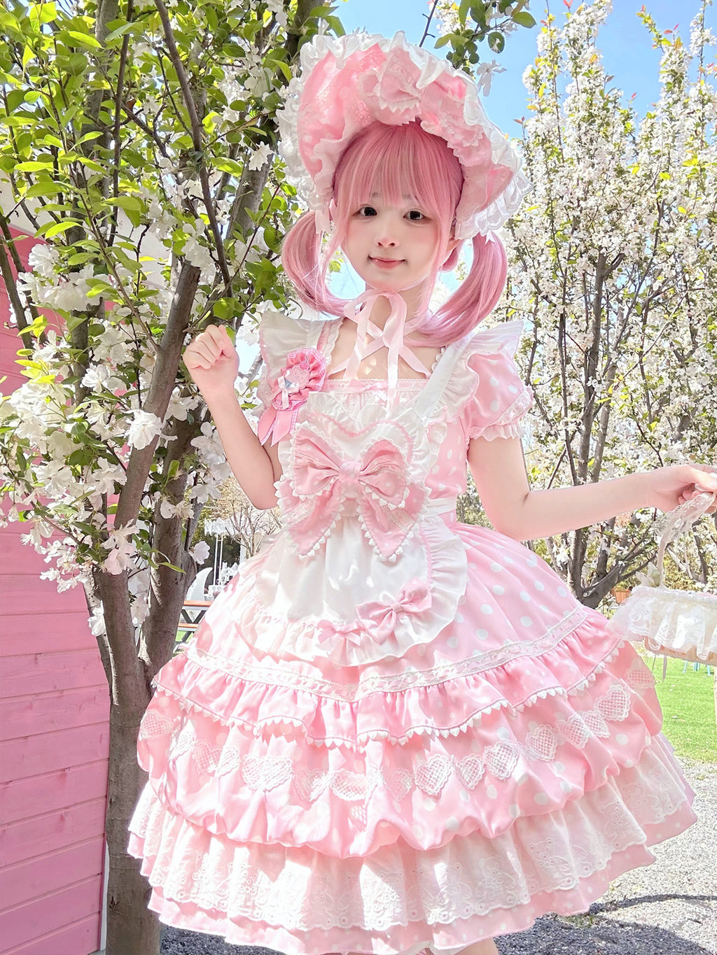 Sweet Lolita Patisserie OP Set— Heart Lace, Polka Dots, Tiered Cupcake Skirt, Coquette/Dollcore Vibes