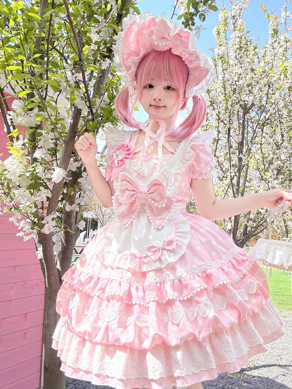 Sweet Lolita Patisserie OP Set— Heart Lace, Polka Dots, Tiered Cupcake Skirt, Coquette/Dollcore Vibes